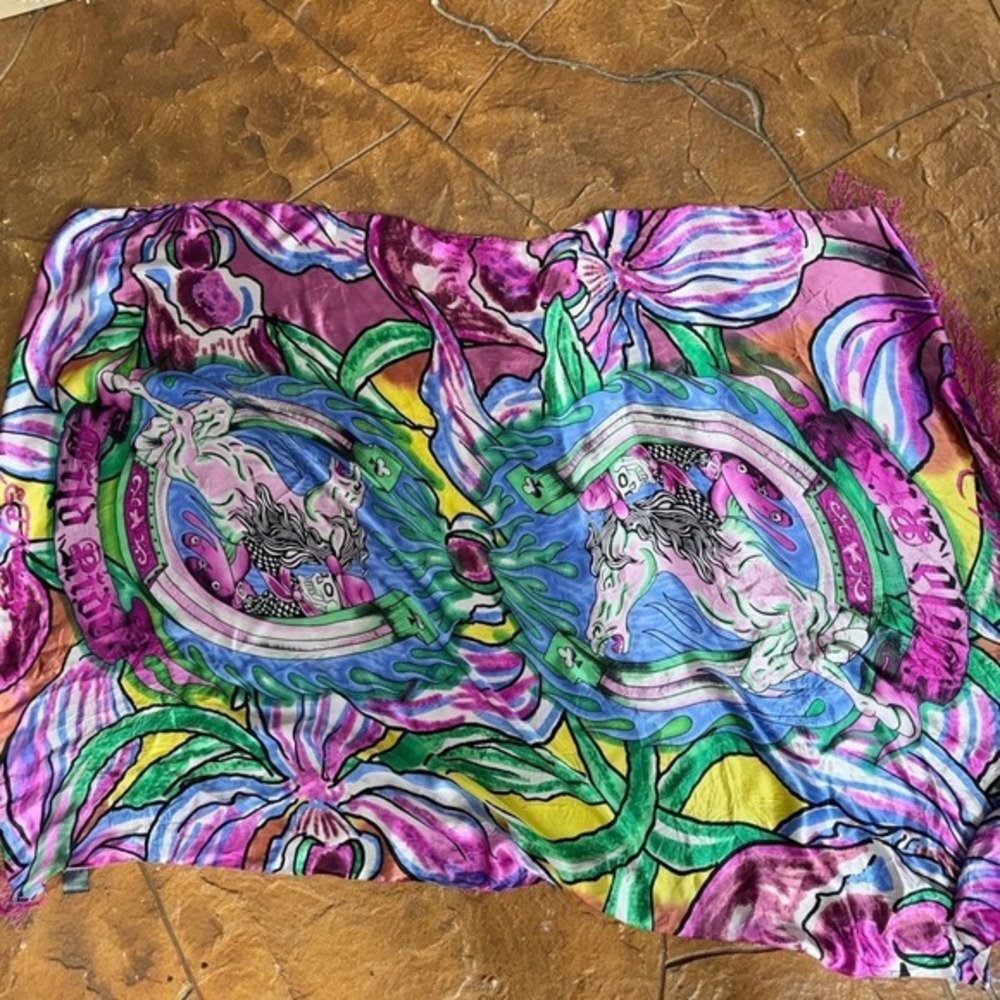 Ed Hardy Wild Ride Silk Scarf Shawl Sarong Fringe Christian Audigier Large